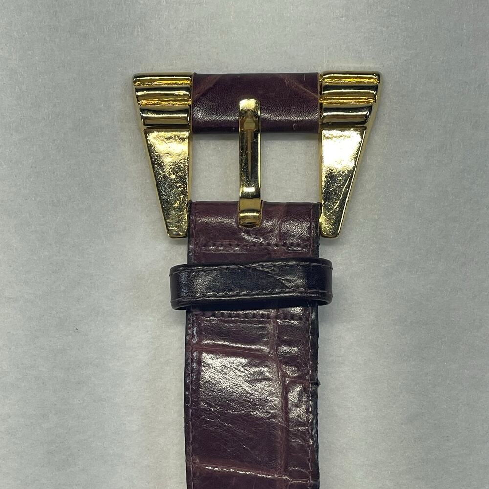 Vintage Mobwife Statement Leather Belt Burgundy Croc Embossed Gold Buckle S/M - Picture 5 of 9